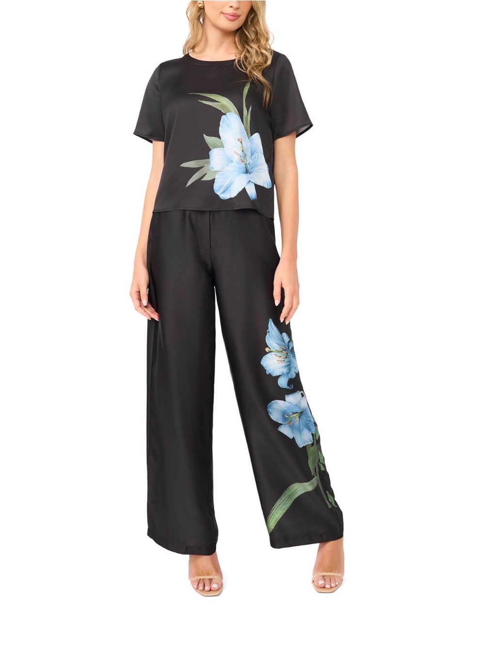2-Pc Set: Vince Camuto Blouse & Wide Leg Pants. Medium. Sky/Black. Retail $239